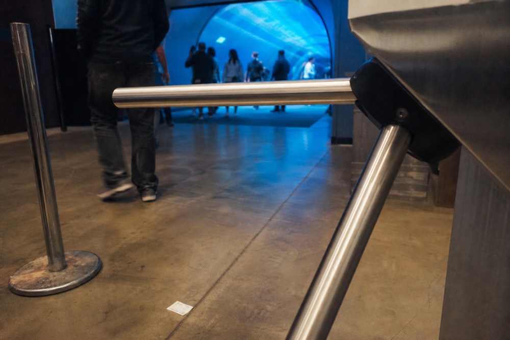 Families and visitors passing through an aquarium entry turnstile area, no text, no logos, no people.